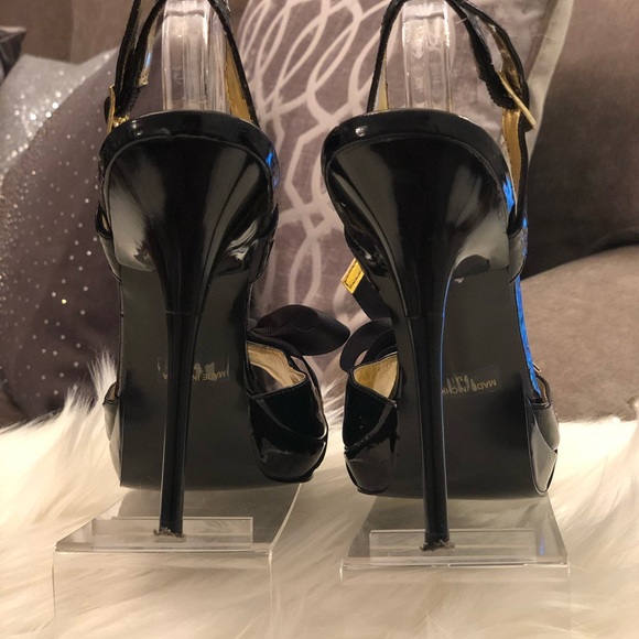 HALÉ BOB PU Upper Black & Gold Peep Toe Heels - Picture 3 of 4